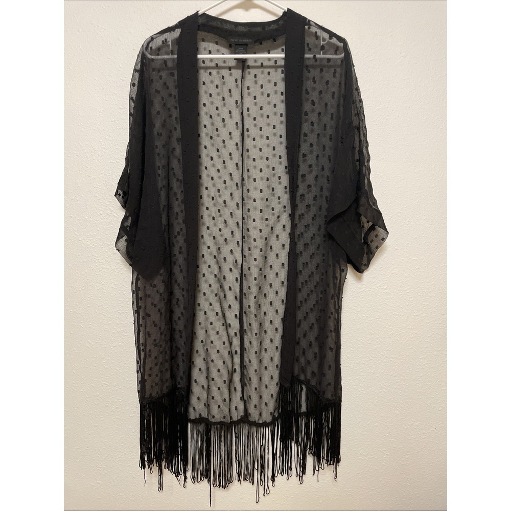 Steve Madden Womens Kimono Sheer Clip Dot Fringe Wrap OSFM Black